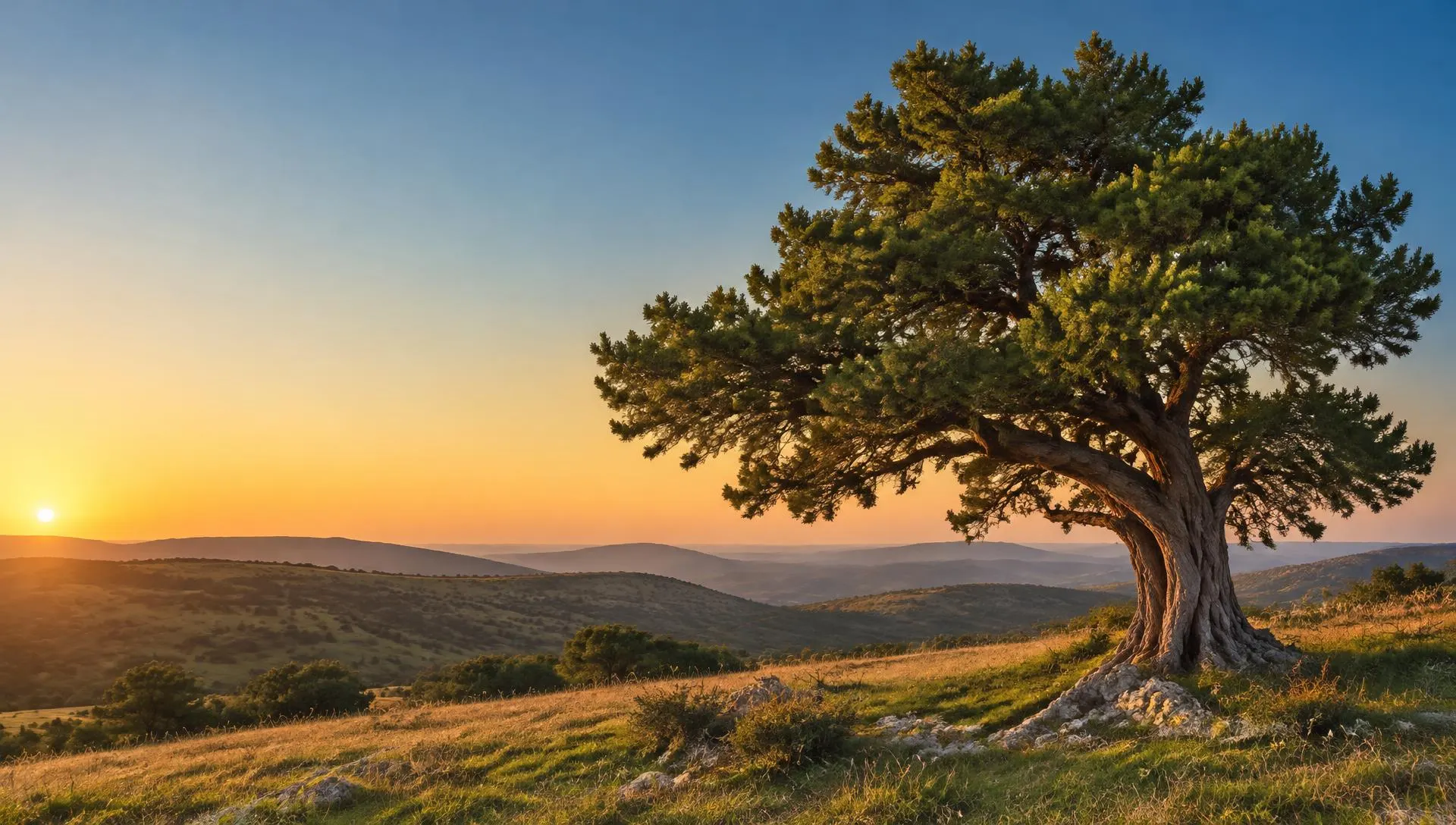 A mature juniper tree with a twisting trunk and spreading canopy on a peaceful hillside at sunset